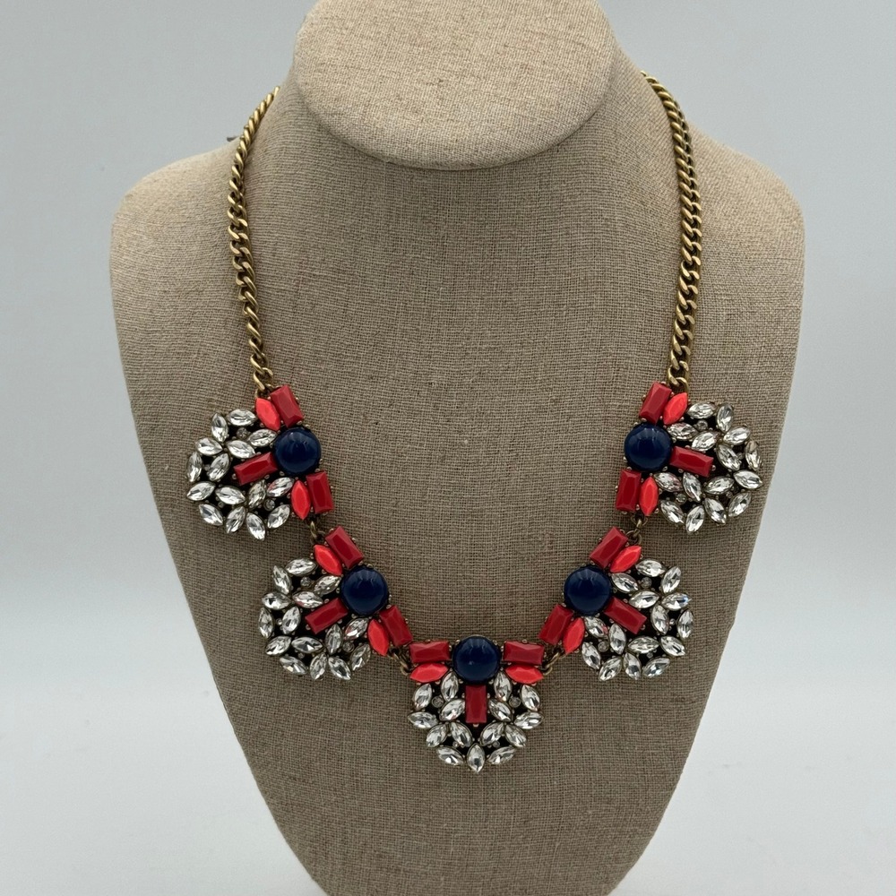 J.Crew Statement Bib Necklace Navy Blue Red Clear Crystal Gold Tone Nautical
